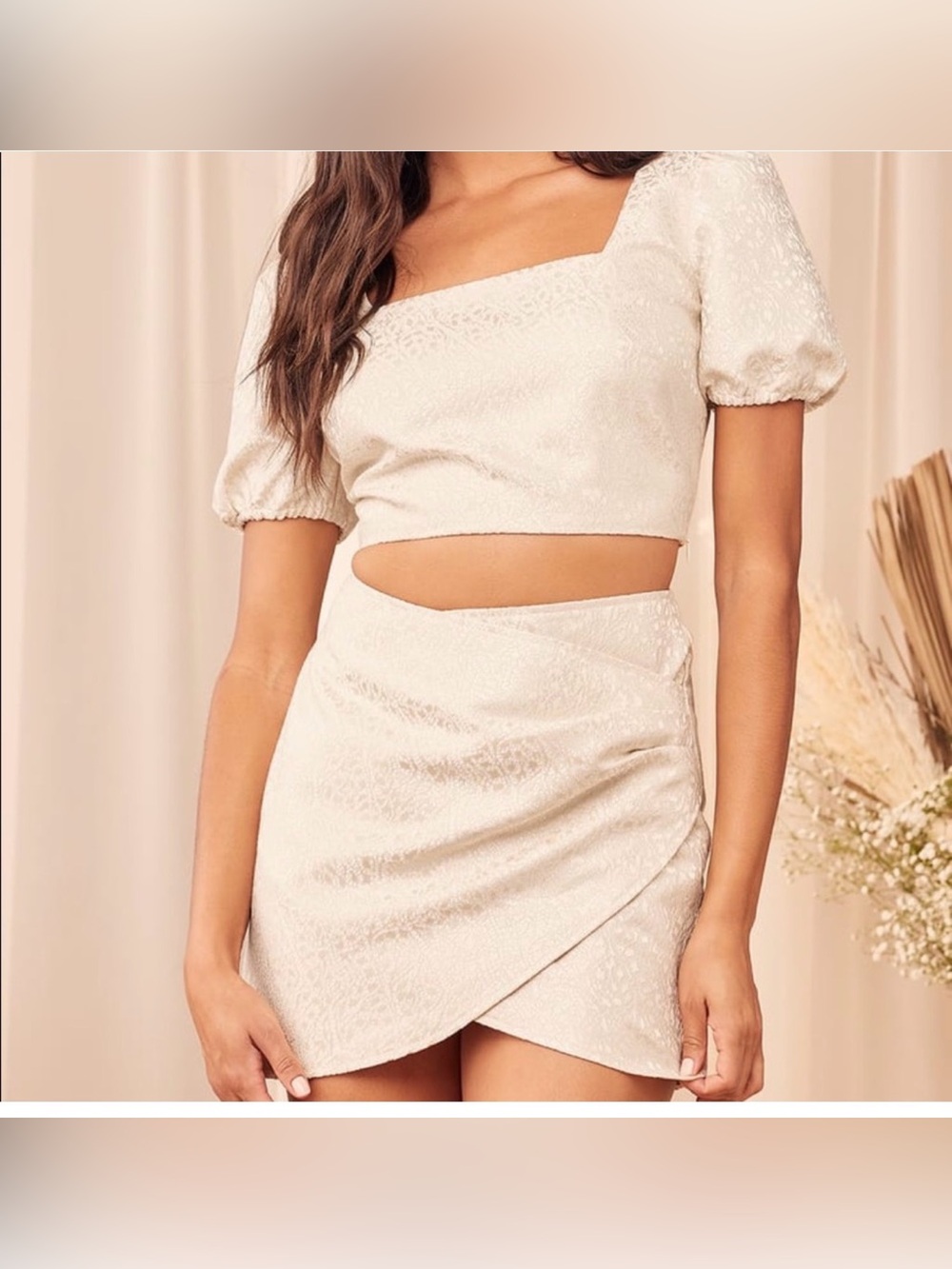 Lulu’s - Elegant Affairs Cream Jacquard Puff Sleeve Two-Piece Mini Dress - xs